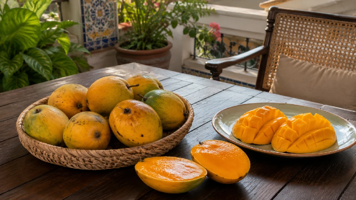 Small golden Anwar Ratol mangoes from Pakistan known for intense aroma and concentrated sweetness