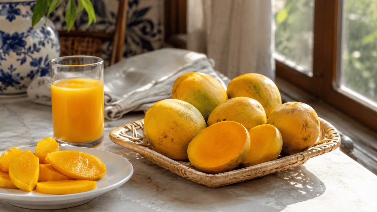 Ripe Chaunsa mangoes from Pakistan prized for honey-sweet juicy pulp and intense aroma