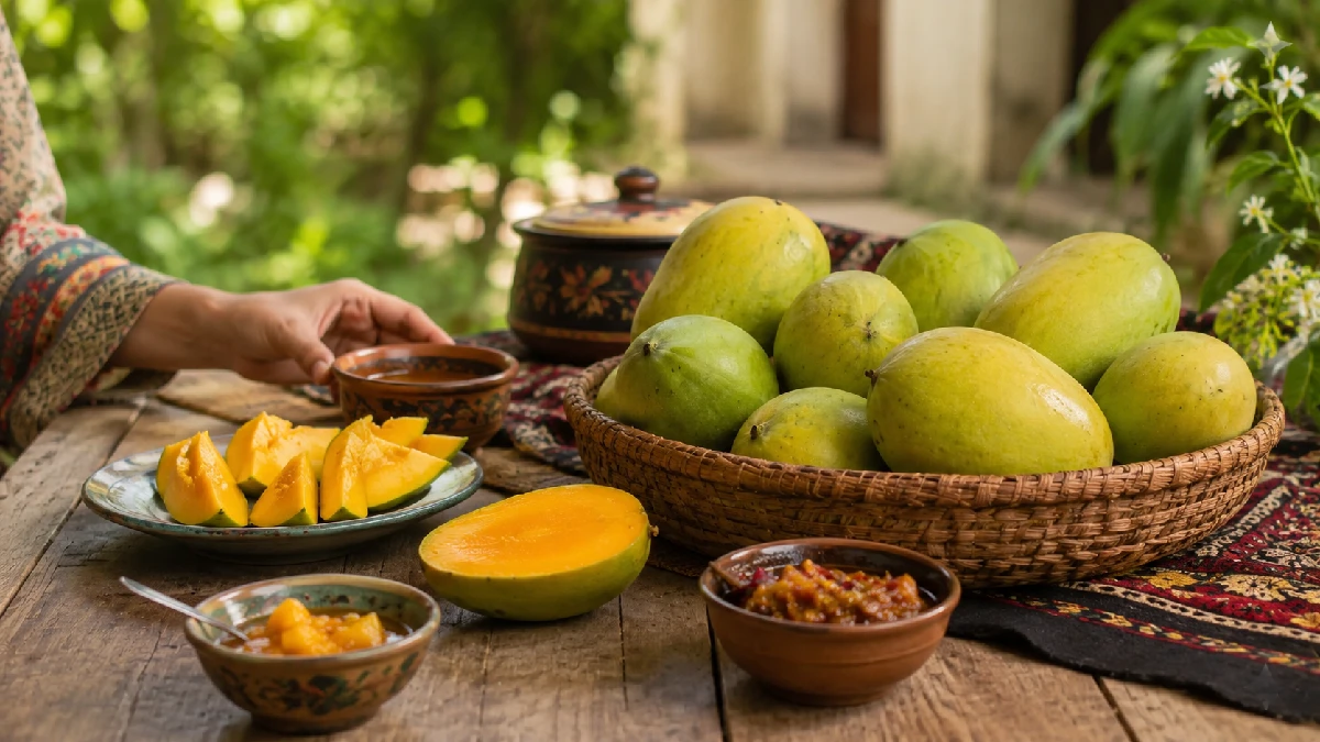 Ripe Langra mangoes with green skin from Pakistan loved for sweet tangy aromatic flavour